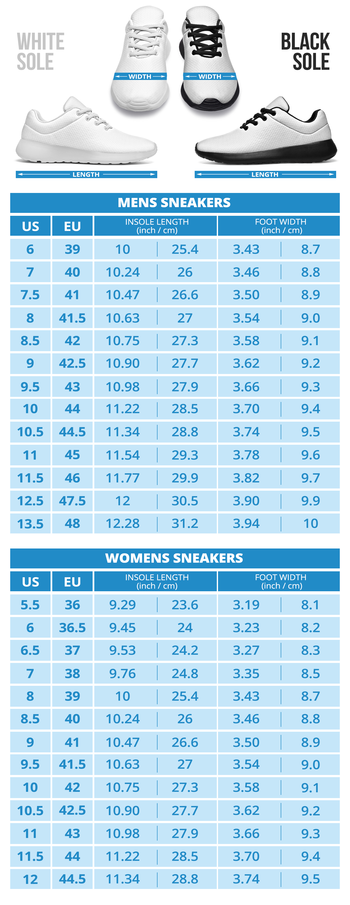HDT Sneakers sizing chart