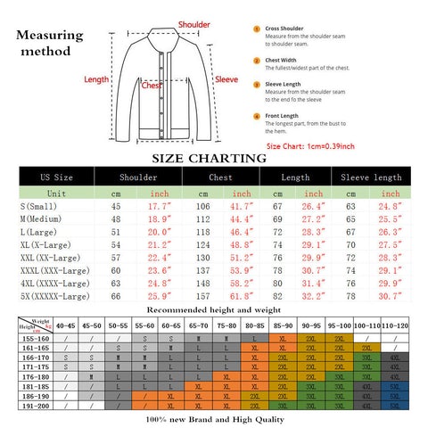 HDT jackets sizing chart