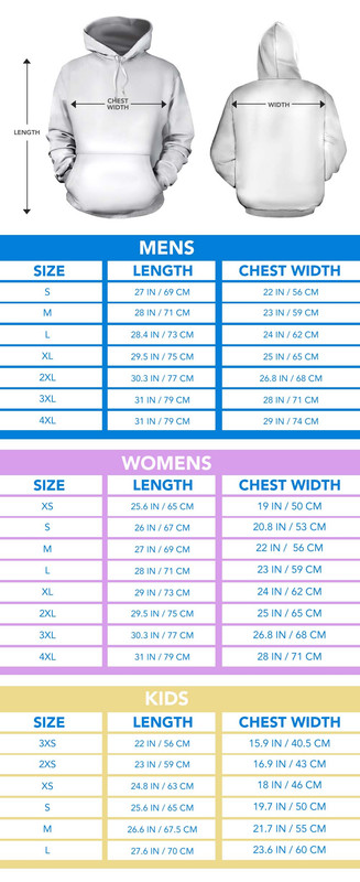 Corvette all over print hoodie sizing chart