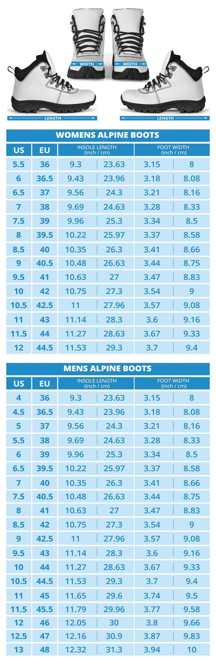 HDT Alpine Boots Sizing Chart